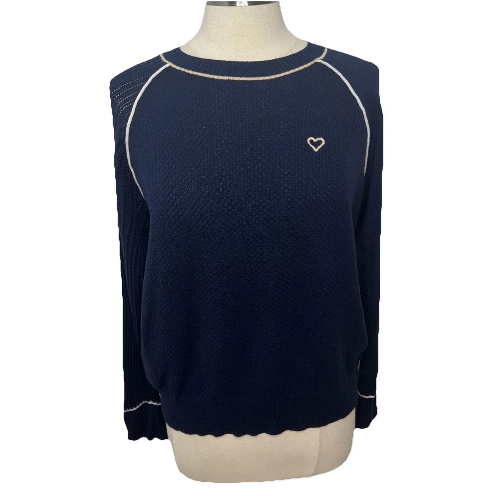 LISA TODD Sweater Size XL Embroidered Heart Waffle Knit Navy Blue Crew Pullover